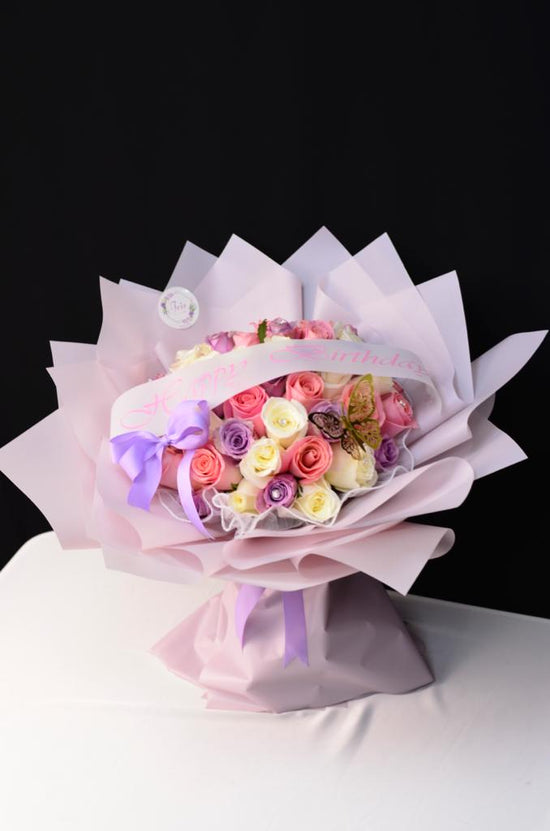 Pink, purple & white rose bouquet