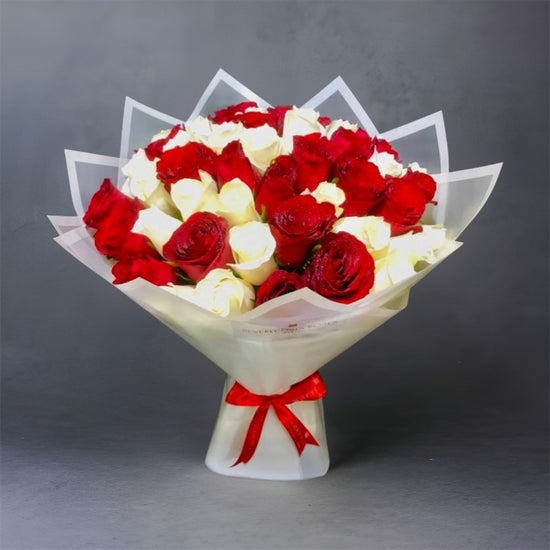 red and white rose bouquet