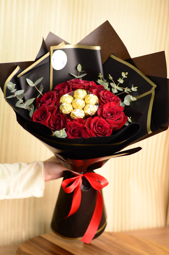 red rose with Ferrero bouquet